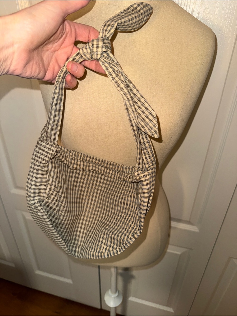DH NEW YORK Beige and Black Micro Plaid Knot-Top Hobo